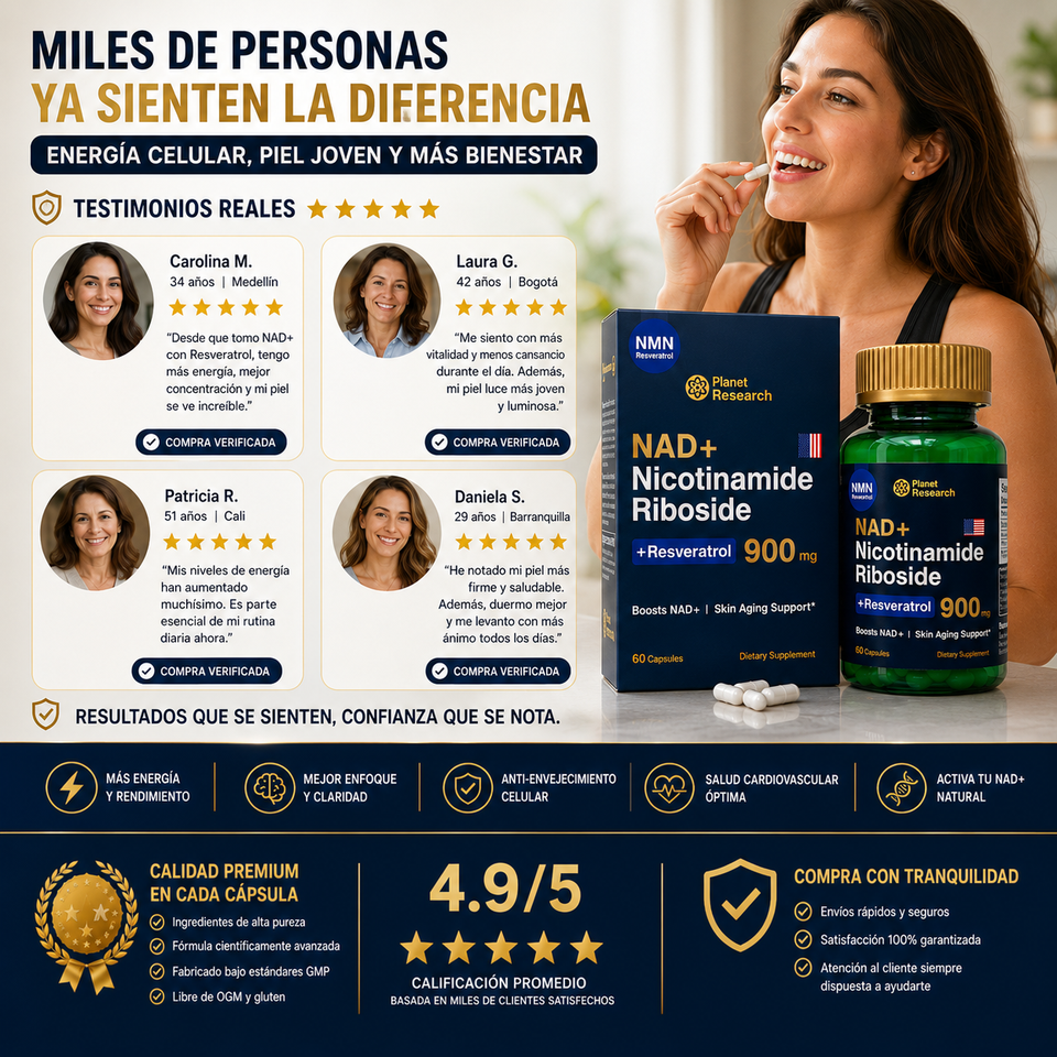 NAD+ Nicotinamide Riboside + Resveratrol 900 mg – Energía Celular y Bienestar Integral